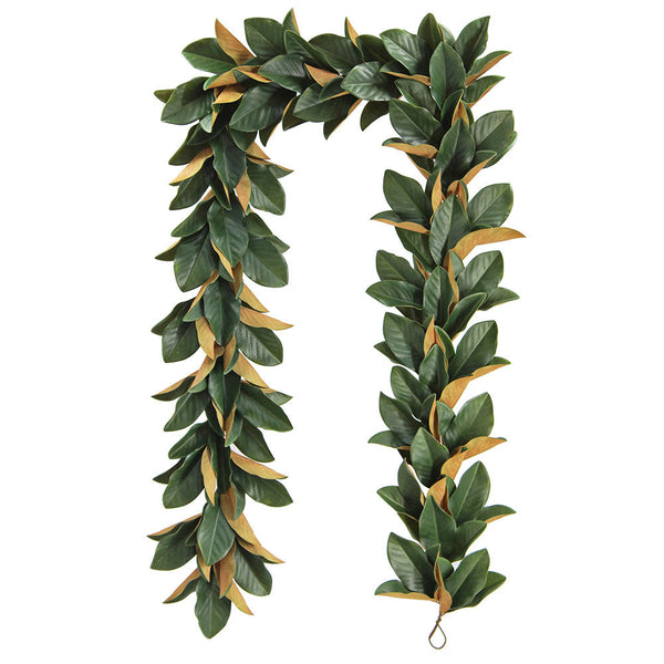 Green Faux Magnolia Leaf Garland 9ft garland with alternating green and gold leaves, hanging strand