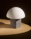 Terrazzo Base Dome Table Lamp — Terrazzo-finish base and frosted dome shade for warm, diffused evening light