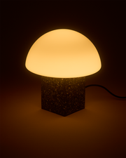 Close-up of slatted wood construction and grain detail — Terrazzo Base Dome Table Lamp