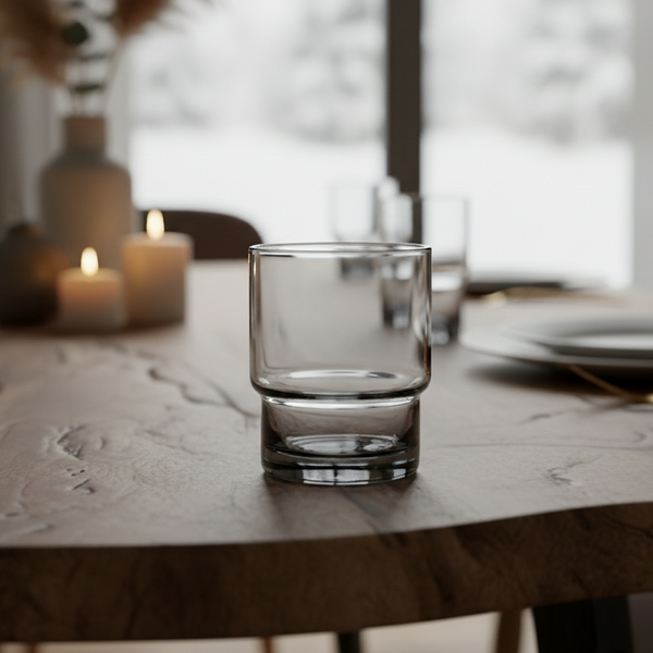 Clear glass on a wooden table with candles in the background