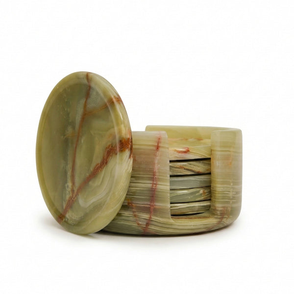 6 pale green coasters with natural veining, round with stacked storage holder