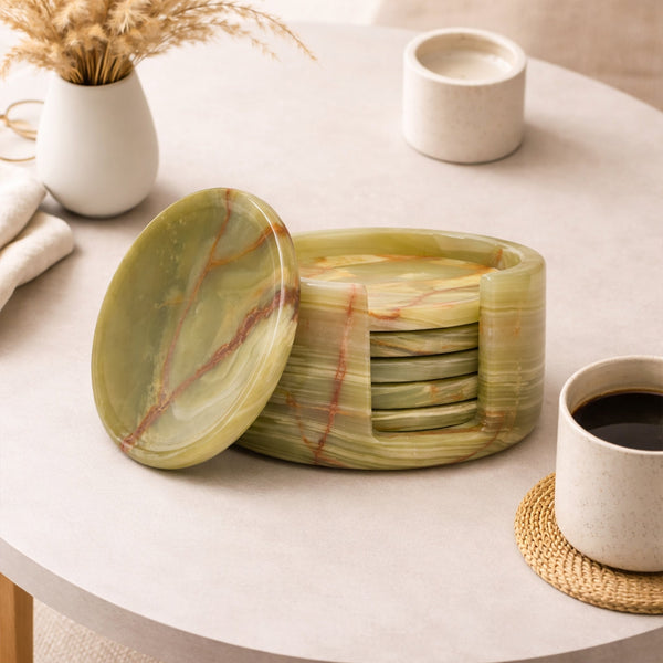 6 pale yellow-green with rust-brown veining Green Onyx Round coasters with rust-brown veining, round discs