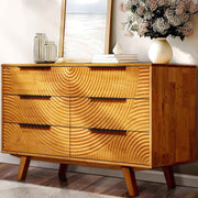 Carved Hevea Wood Six-Drawer Dresser — close-up of label and production detail