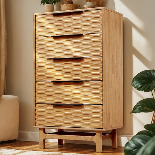 Elara Solid Wood Dresser with 5 Drawers — Cut from solid rubberwood and CNC-carved by skilled hands in Vietnam, the Elara