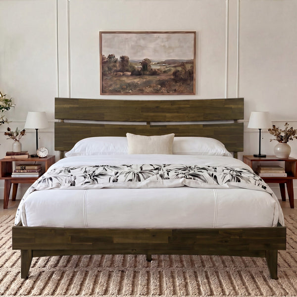 Slatted Wood-Grain Platform Bed Frame
