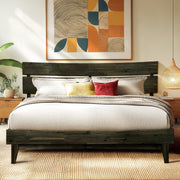 Slatted Wood-Grain Platform Bed Frame styled with linen bedding in a warm bedroom