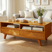 Carved Rubberwood Storage Coffee Table styled with ceramics and a linen runner