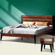 Solid Acacia Platform Bed Set styled with linen bedding in a warm bedroom