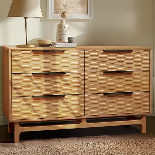 Wave-Front Solid Wood Six-Drawer Dresser — Solid wood dresser with carved wave fronts and six deep drawers