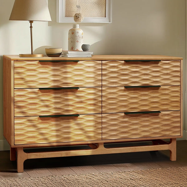Wave-Front Solid Wood Six-Drawer Dresser — Solid wood dresser with carved wave fronts and six deep drawers