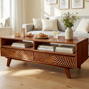 Carved Rubberwood Storage Coffee Table — alternate angle showing full form