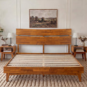 Slatted Wood-Grain Platform Bed Frame