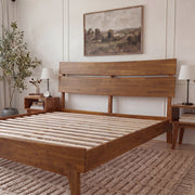 Slatted Wood-Grain Platform Bed Frame