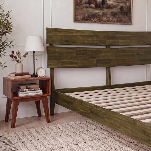 Slatted Wood-Grain Platform Bed Frame