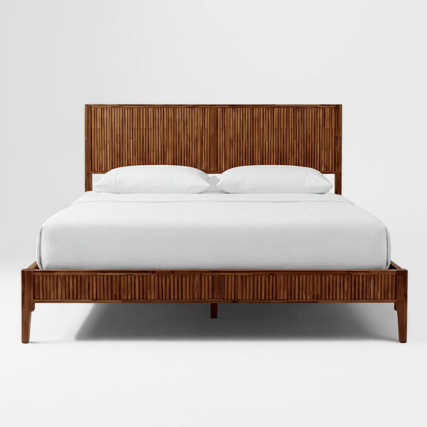 Close-up of slatted wood construction and grain detail — Fluted Acacia Wood Bed Frame