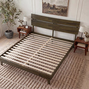 Slatted Wood-Grain Platform Bed Frame