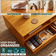 Carved Rubberwood Storage Coffee Table — back and side profile detail