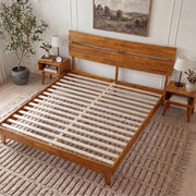 Slatted Wood-Grain Platform Bed Frame