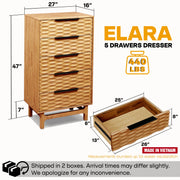 Elara Solid Wood Dresser with 5 Drawers styled in a bedroom with a ceramic dish and candle