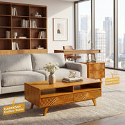 Carved Rubberwood Storage Coffee Table — detail of finish and surface variation