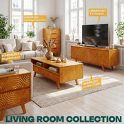 Carved Rubberwood Storage Coffee Table — styled in a complete room vignette