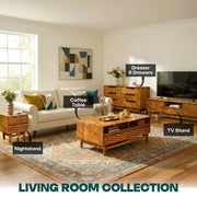Carved Rubberwood Storage Coffee Table — styled in a complete room vignette