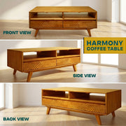 Carved Rubberwood Storage Coffee Table — close-up of label and production detail