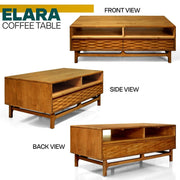 Carved Rubberwood Storage Coffee Table — close-up of label and production detail