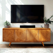 Relief-Carved Wood TV Stand — alternate angle showing full form