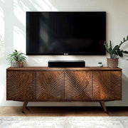 Relief-Carved Wood TV Stand — back and side profile detail