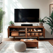 Relief-Carved Wood TV Stand — styled in a complete room vignette