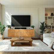 Relief-Carved Wood TV Stand — scale reference and proportion detail