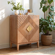 Carved Acacia Two-Door Storage Cabinet — Carved acacia cabinet with diamond-motif doors and brass-tone pull