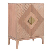 Carved Acacia Two-Door Storage Cabinet styled on a shelving unit in a living space