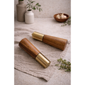 Acacia Wood Salt Pepper Grinder Set — Acacia and brushed gold grinder set with concealed grinding mechanism for daily table