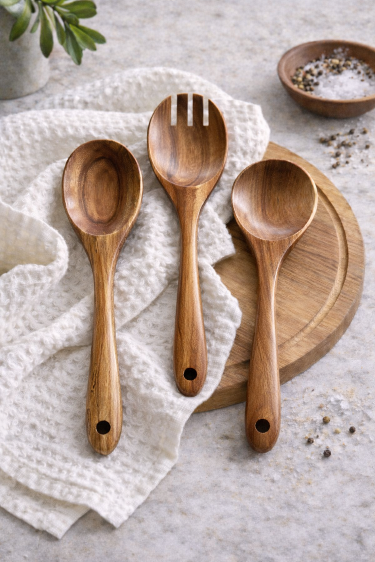 Teak Wood Serving Spoon Set — Three teak serving utensils — two spoons and one fork-spoon — for daily kitchen use