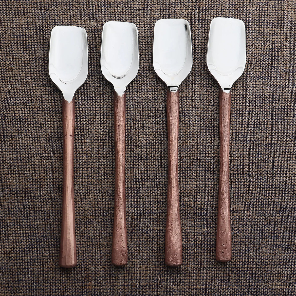 Wood-Handle Steel Cheese Scoop Set — Four steel cheese scoops with faceted wood-grain handles for crumbly varieties