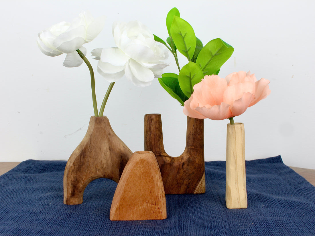 Hand-Carved Mixed Wood Dry Vase Set — Four hand-carved wood vases in varied timbers, made for dried stems
