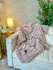 Channeled Faux Fur Throw Blanket — Channeled faux fur throw in a quiet rose-gray blush, dense pile with gentle stretch