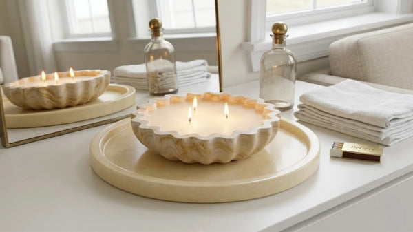 Marbled Handmade Ceramic Resin Fluted Candle Bowl, 3-Wick