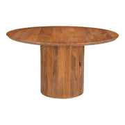Reeded Mango Wood Round Dining Table — Round mango wood dining table with reeded pedestal and hidden interior storage shelves