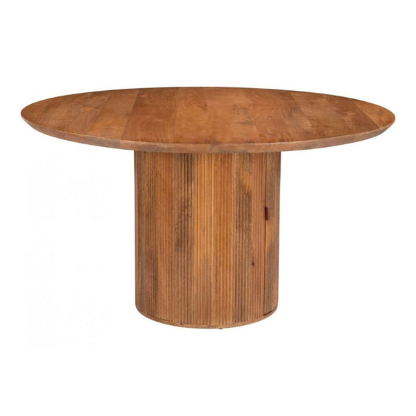 Reeded Mango Wood Round Dining Table — Round mango wood dining table with reeded pedestal and hidden interior storage shelves