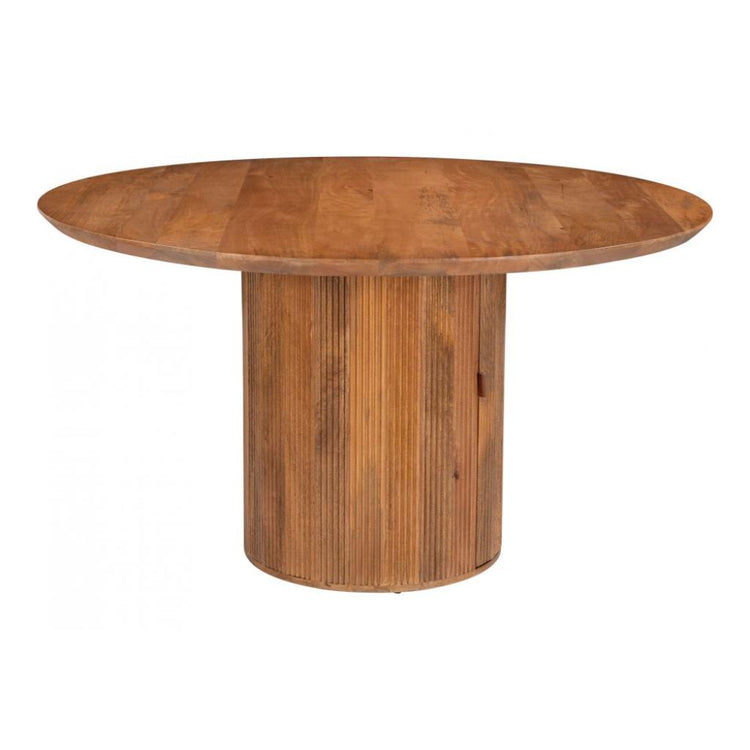 Reeded Mango Wood Round Dining Table — Round mango wood dining table with reeded pedestal and hidden interior storage shelves