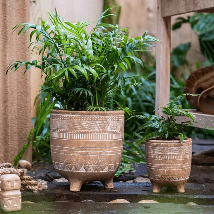 Carved Terracotta-Blend Footed Planter