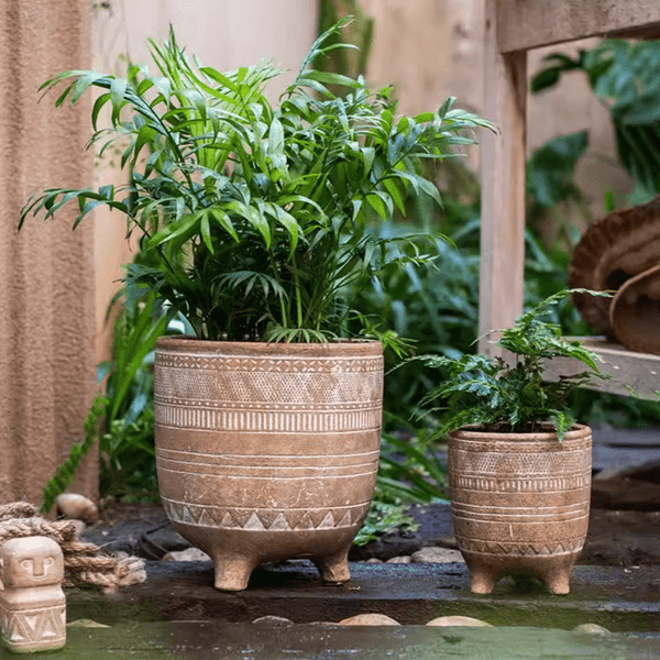 Carved Terracotta-Blend Footed Planter