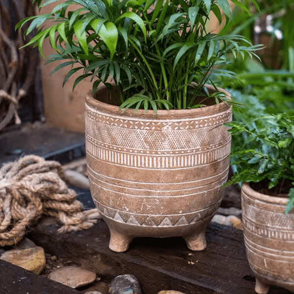 Carved Terracotta-Blend Footed Planter