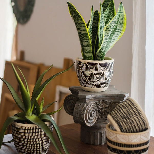 Geometric Etched Cement Planter