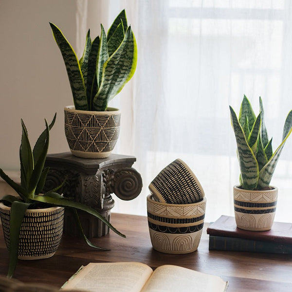 Geometric Etched Cement Planter