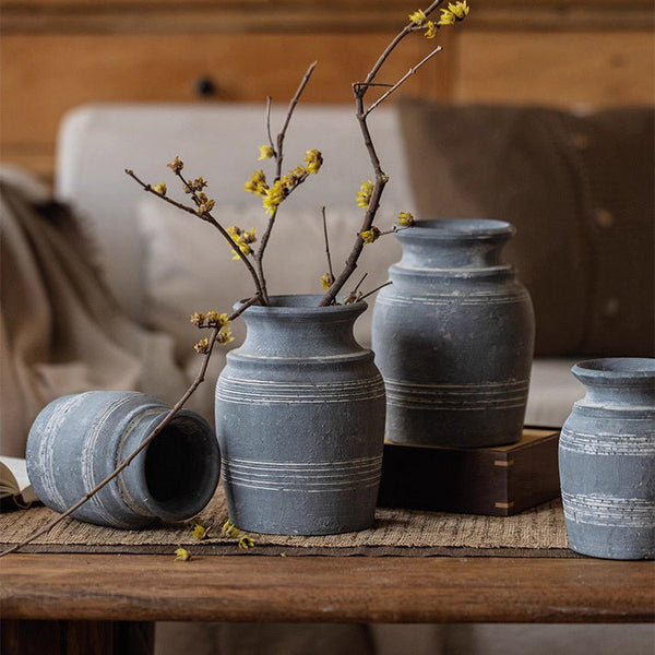 Grooved Clay Vessel Vase