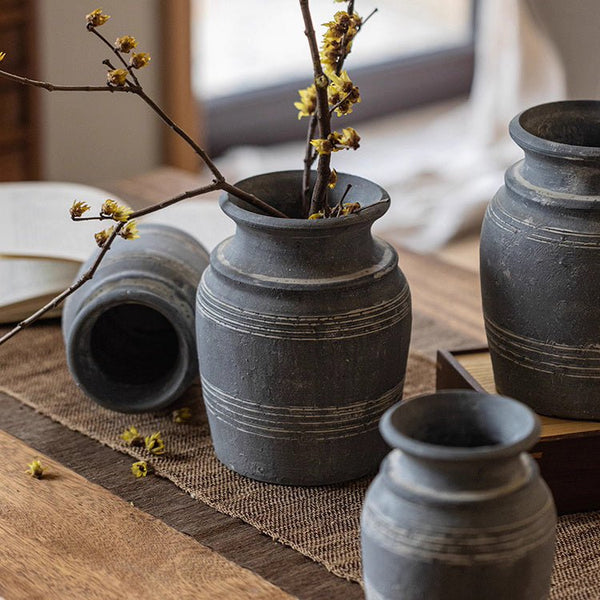 Grooved Clay Vessel Vase